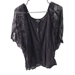 Angie Black Sheer Short Sleeve Button Up Blouse - Large